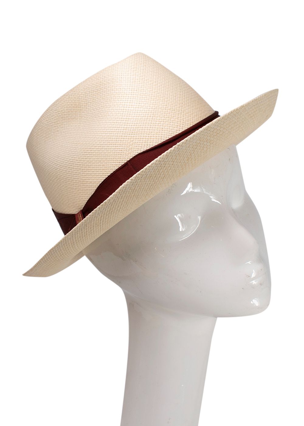 Borsalino Beige Panama Straw Hat with Burgundy Ribbon Size M beige burgundy straw/grosgrain