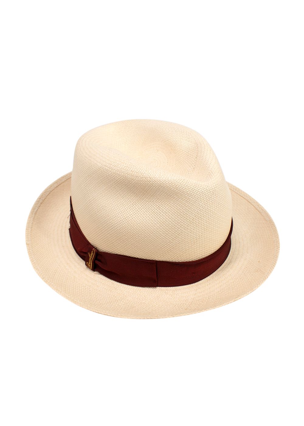 Borsalino Beige Panama Straw Hat with Burgundy Ribbon Size M beige burgundy straw/grosgrain