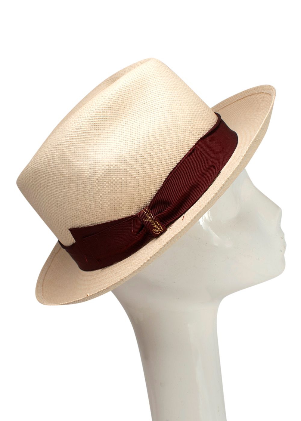 Borsalino Beige Panama Straw Hat with Burgundy Ribbon Size M beige burgundy straw/grosgrain