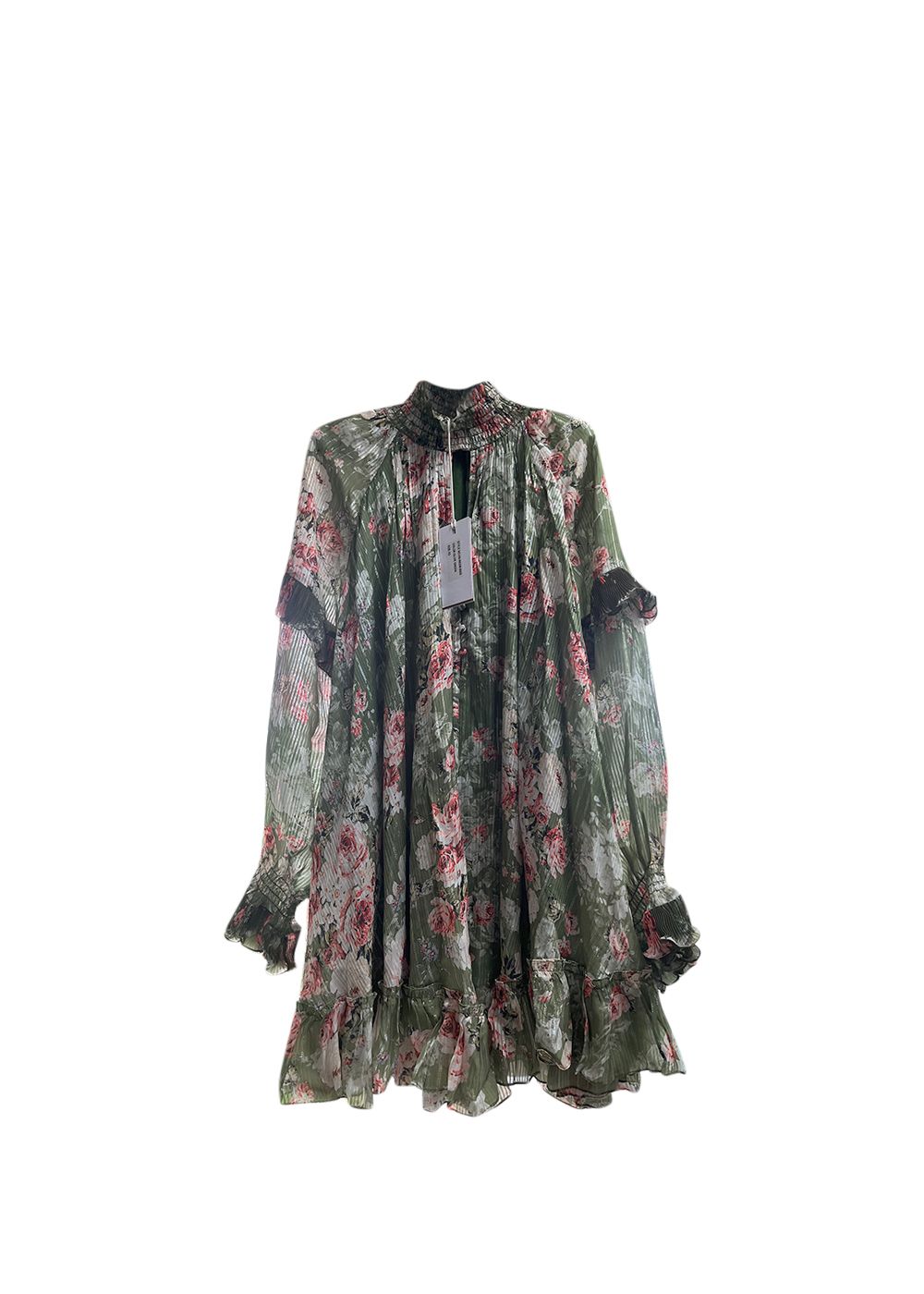 Hemant  Nandita Green Plisse Floral Printed Dress Size XS cuprammon