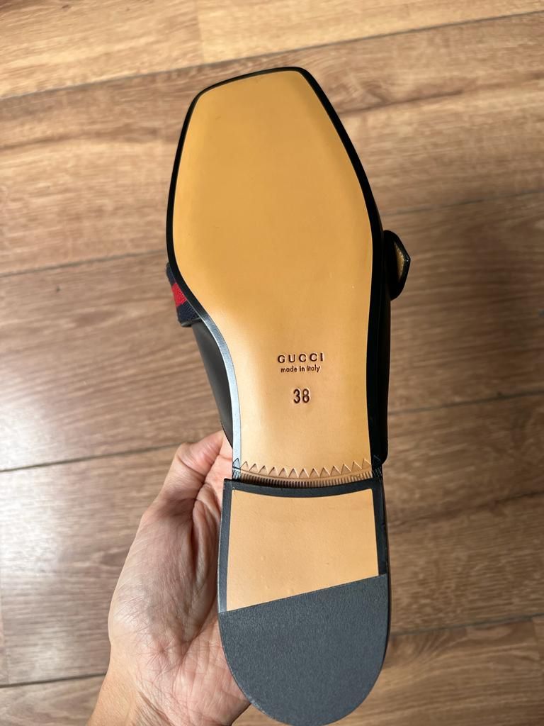 Gucci Black Leather Peyton Square-Toe Mules Size 38