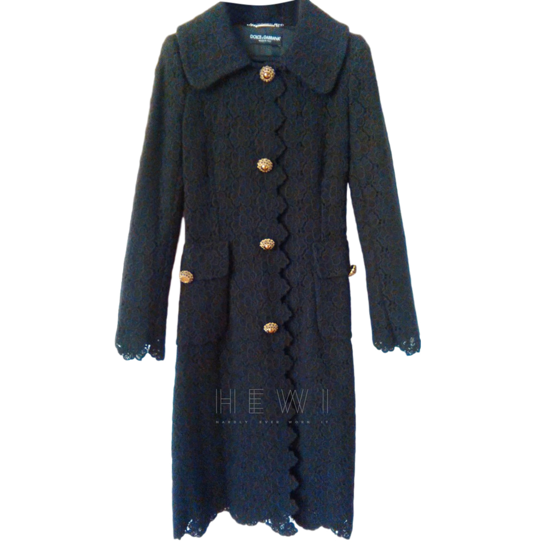 Preowned Dolce  Gabbana Wool Lace Longline Coat Black cotton