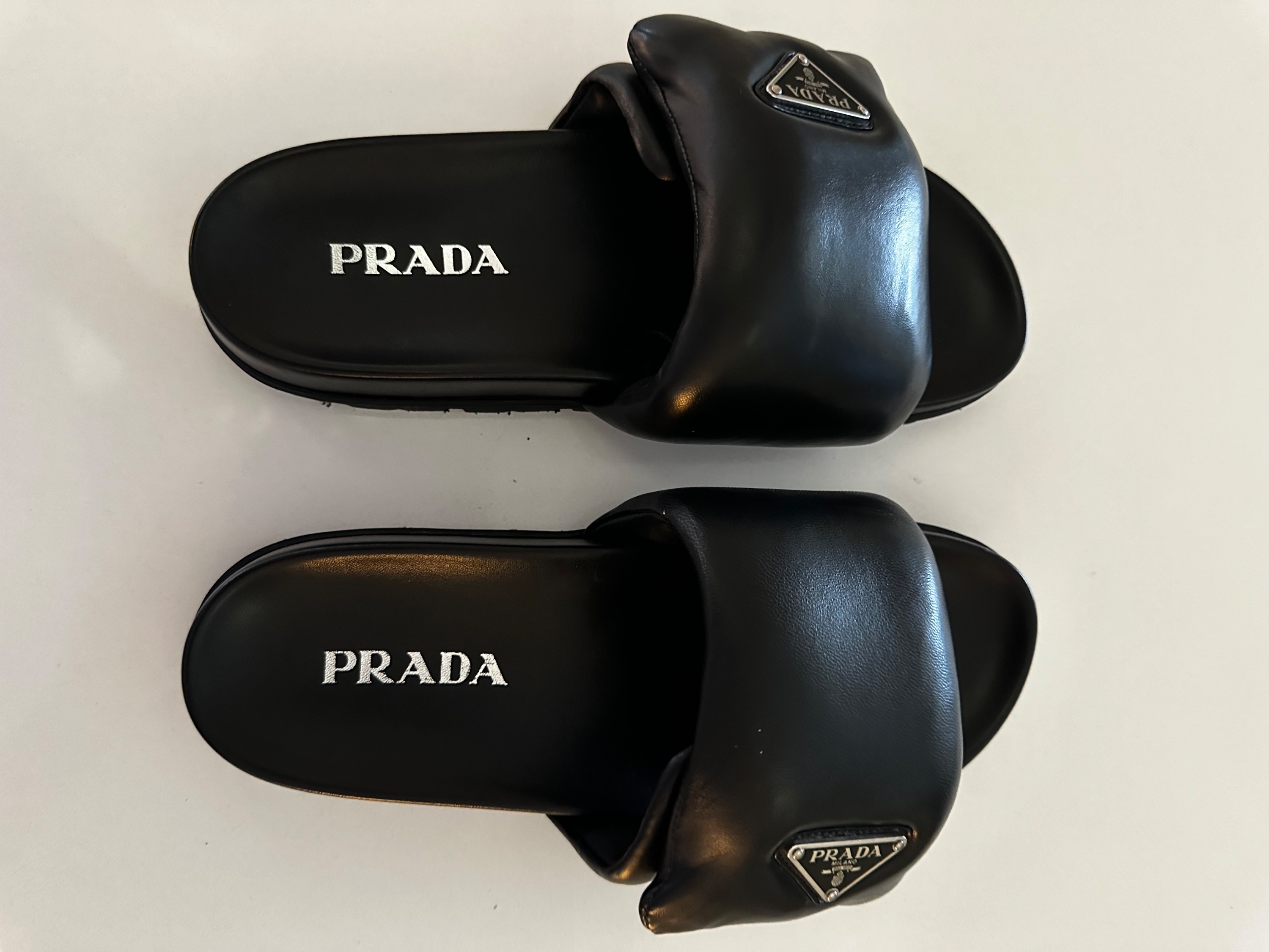 Prada Black Nappa Padded Leather Slides Size 39