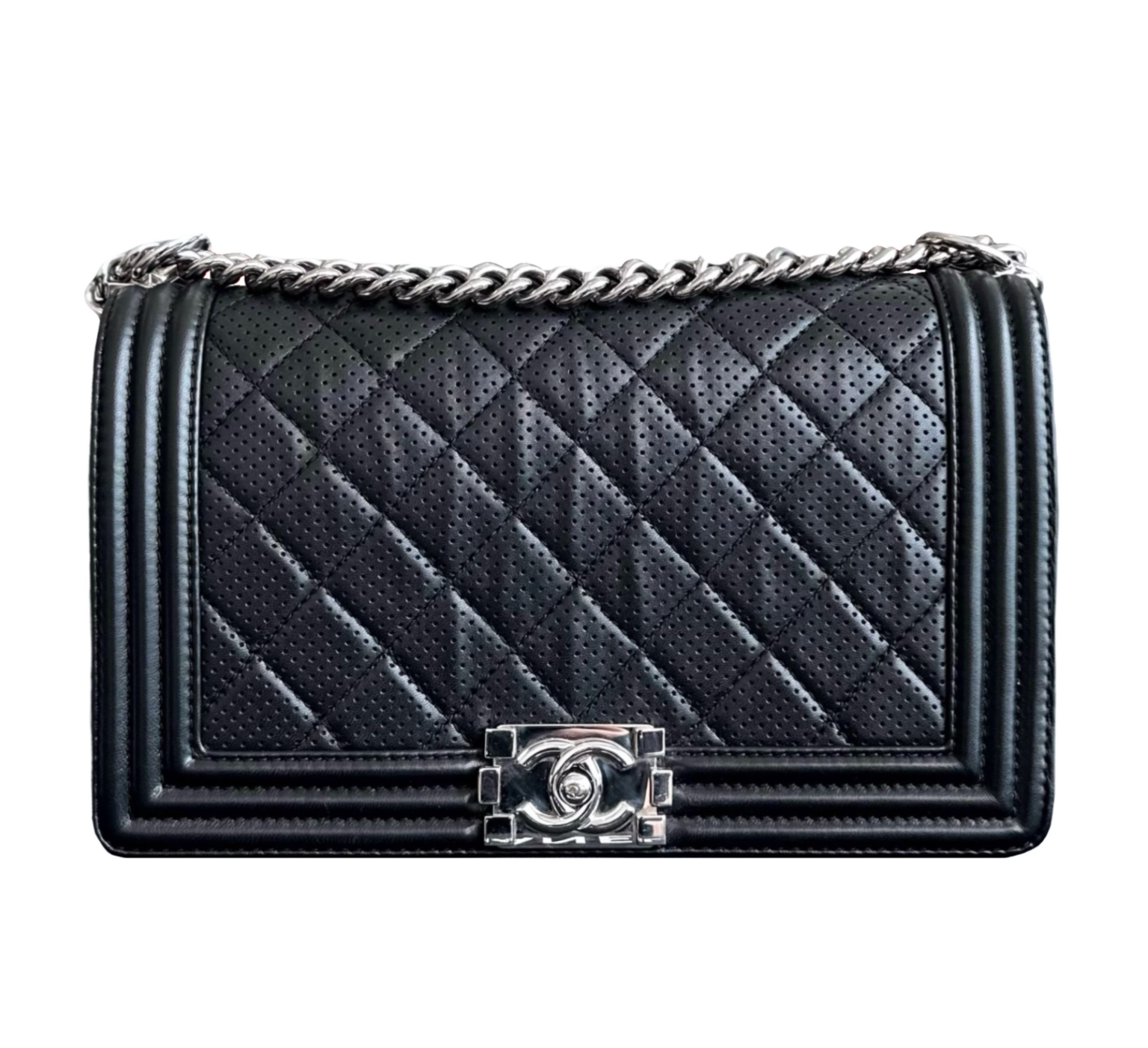 Preowned Chanel Black Perforated Boy Bag leather