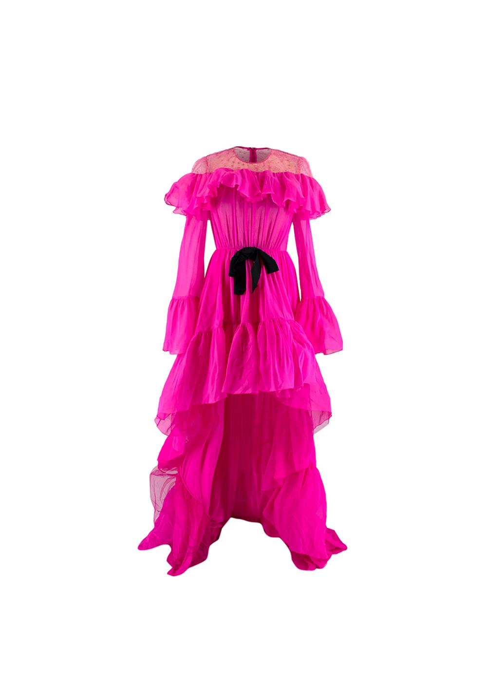 Preowned Giambattista Valli Hot Pink Silk Ruffled Gown with Lace Shoulders and Black Bow Size XXS pink black cotton