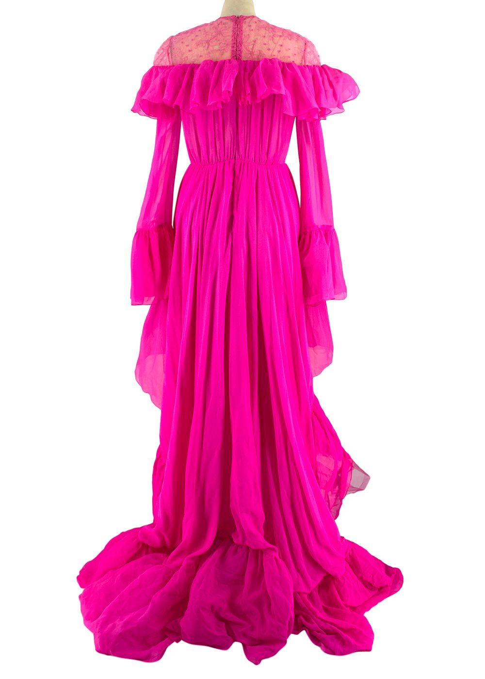 Preowned Giambattista Valli Hot Pink Silk Ruffled Gown with Lace Shoulders and Black Bow Size XXS pink black cotton