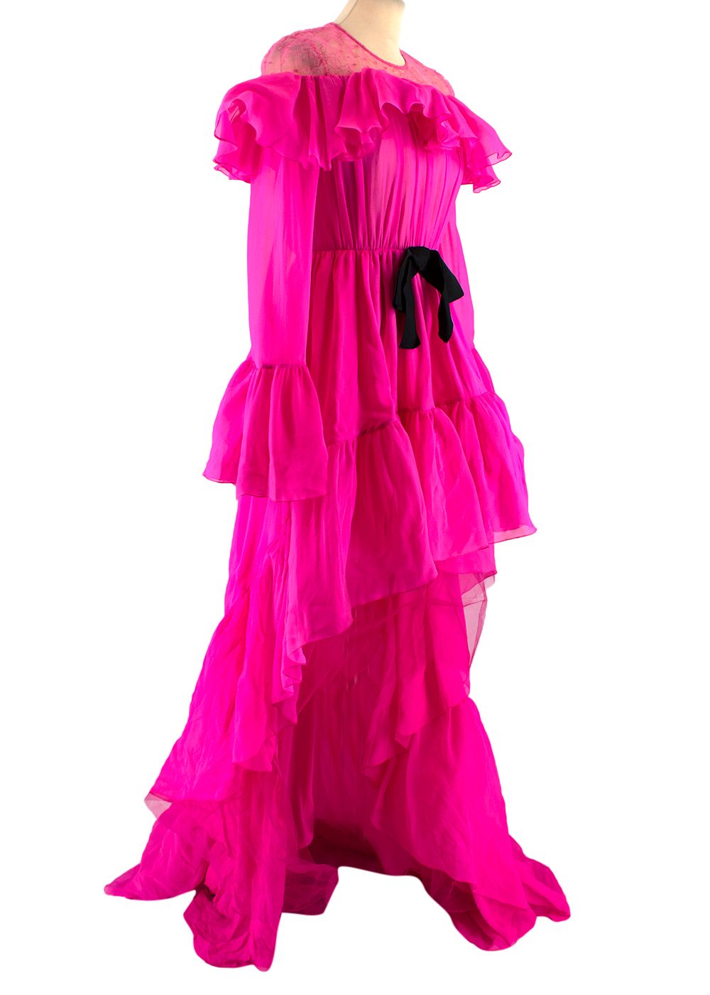 Preowned Giambattista Valli Hot Pink Silk Ruffled Gown with Lace Shoulders and Black Bow Size XXS pink black cotton