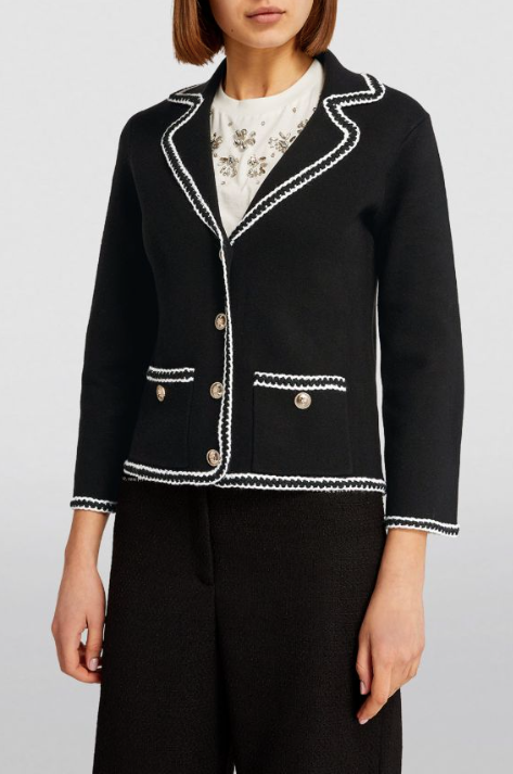 Maje Black Contrast-Trim Blazer Style Cardigan Size M cotton/polyamide/elastane