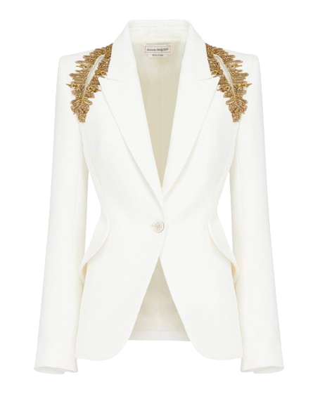 Preowned Alexander McQueen White Leaf Embellished Single Breasted Blazer Size 38 viscose