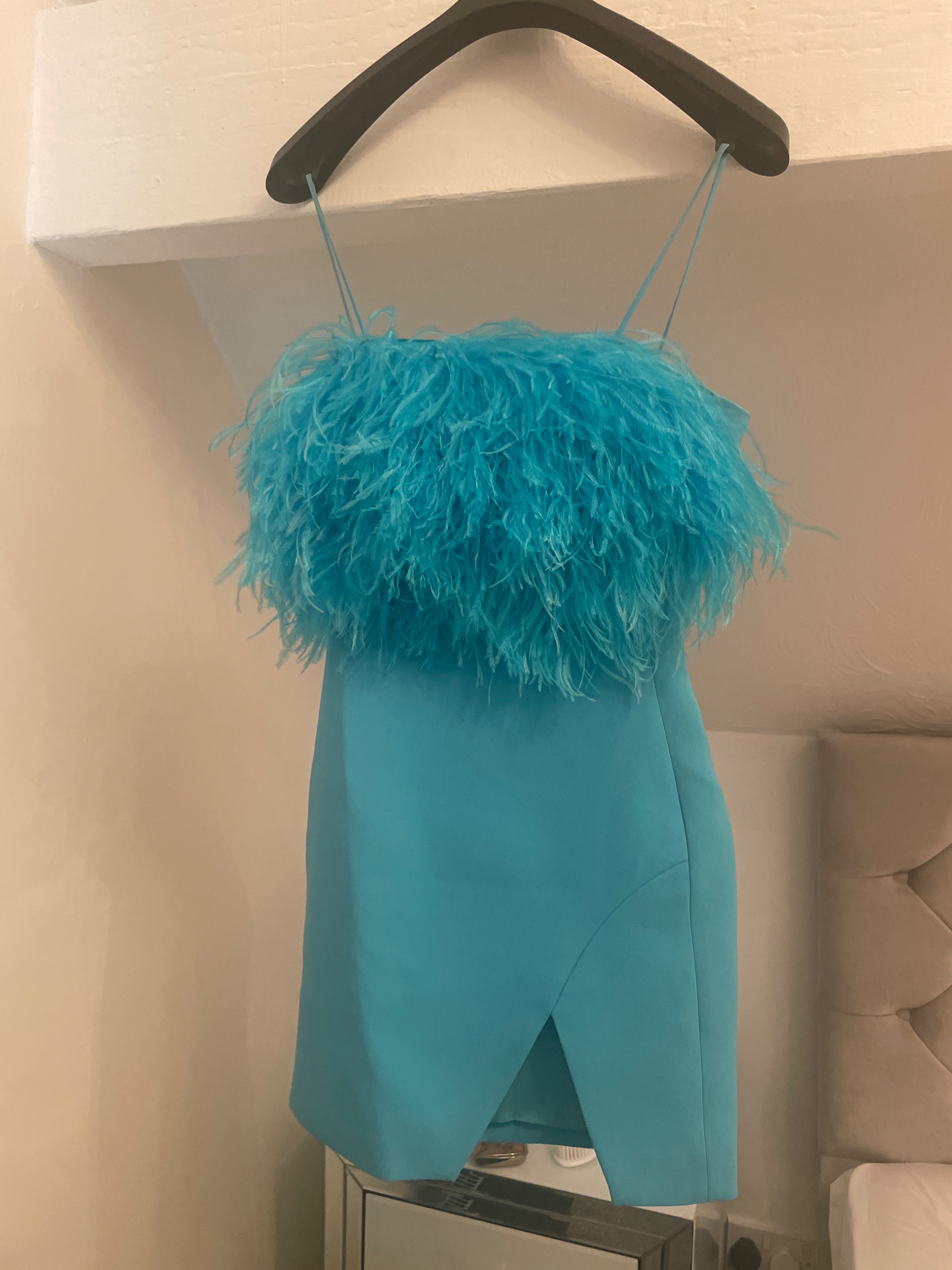 Preowned David Koma Feather-trimmed cady mini dress Size XS Blue acetate/feather