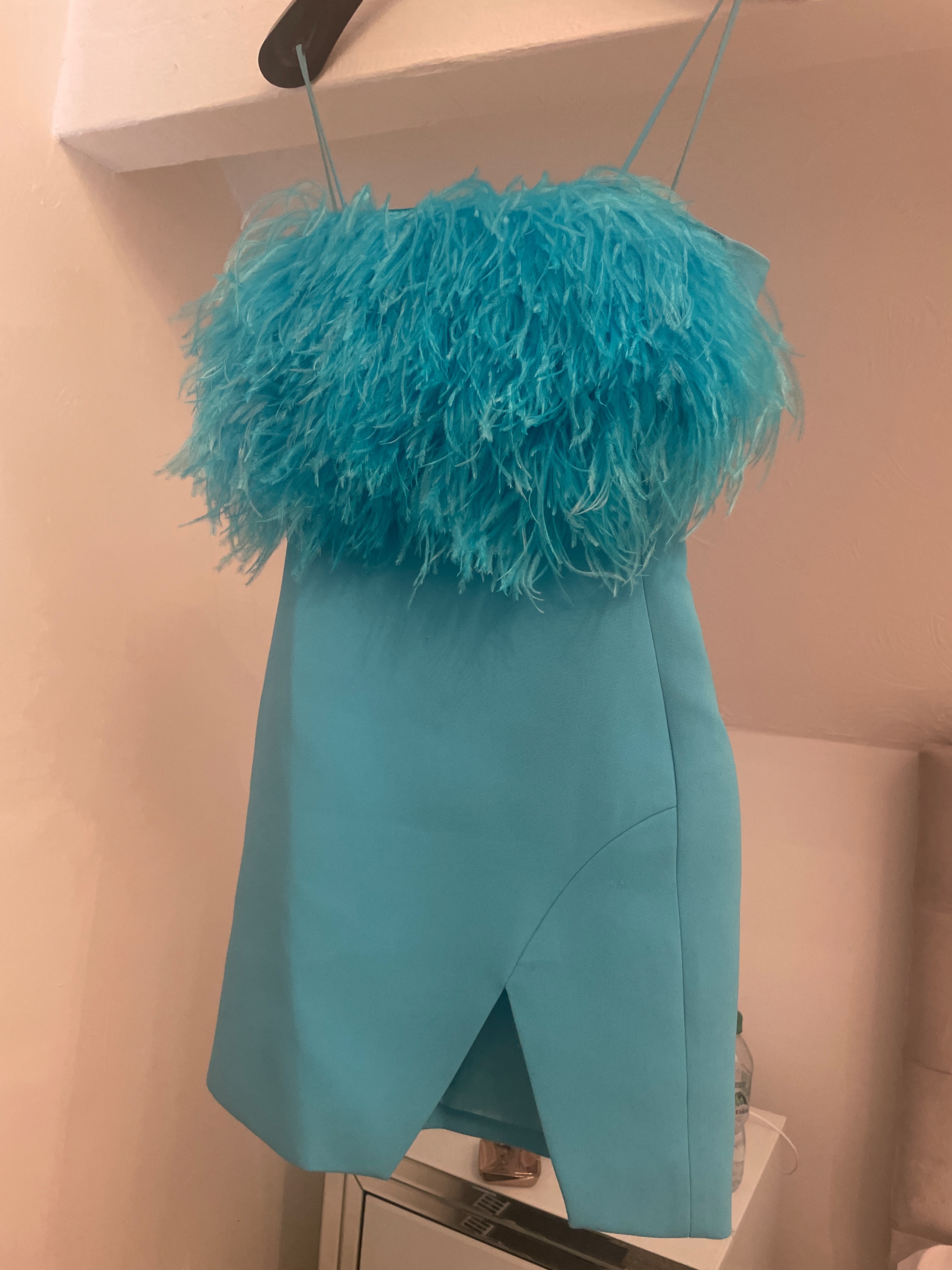 Preowned David Koma Feather-trimmed cady mini dress Size XS Blue acetate/feather