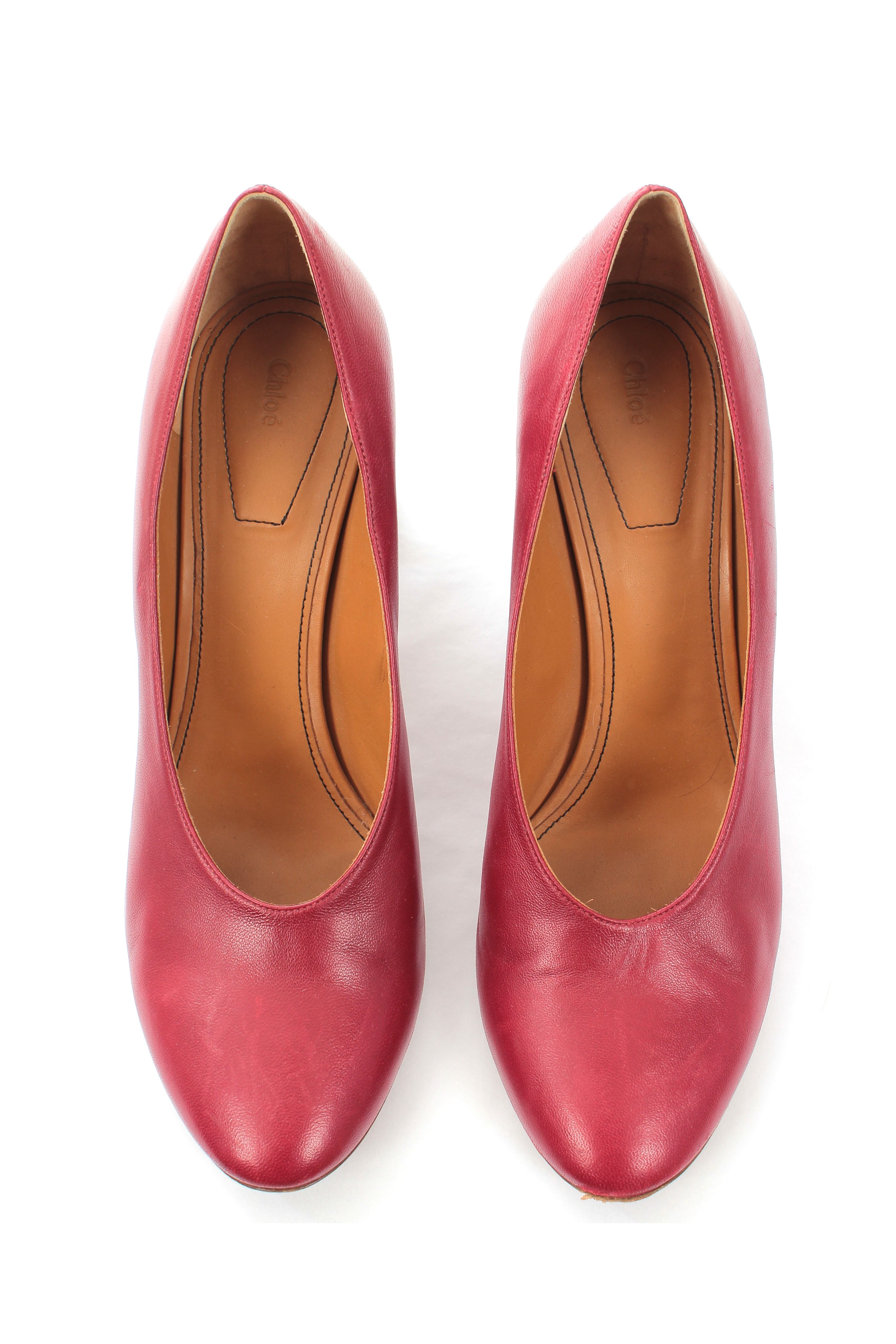 Preowned Chloe Red leather wooden block heeled pumps Size 40 Burgundy