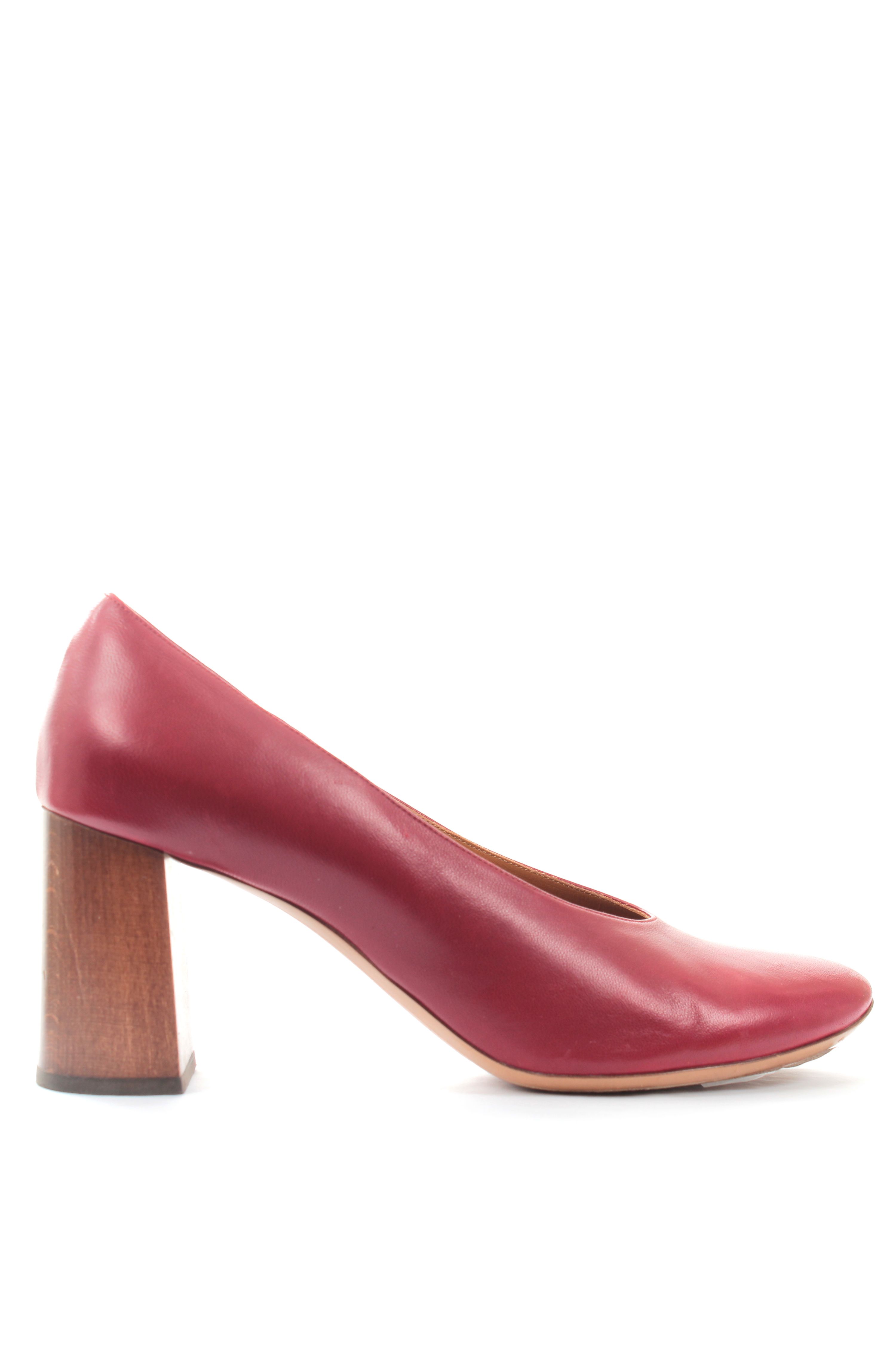 Preowned Chloe Red leather wooden block heeled pumps Size 40 Burgundy