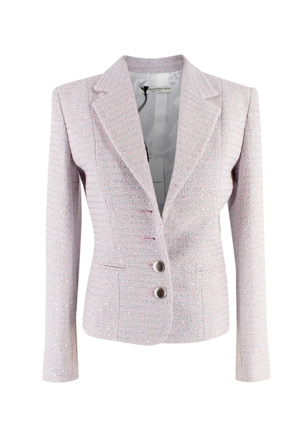 Alessandra Rich Light Pink and Blue Sequin Tweed Jacket Size XS light pink light blue cotton