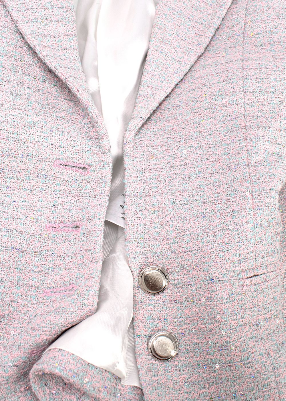 Alessandra Rich Light Pink and Blue Sequin Tweed Jacket Size XS light pink light blue cotton