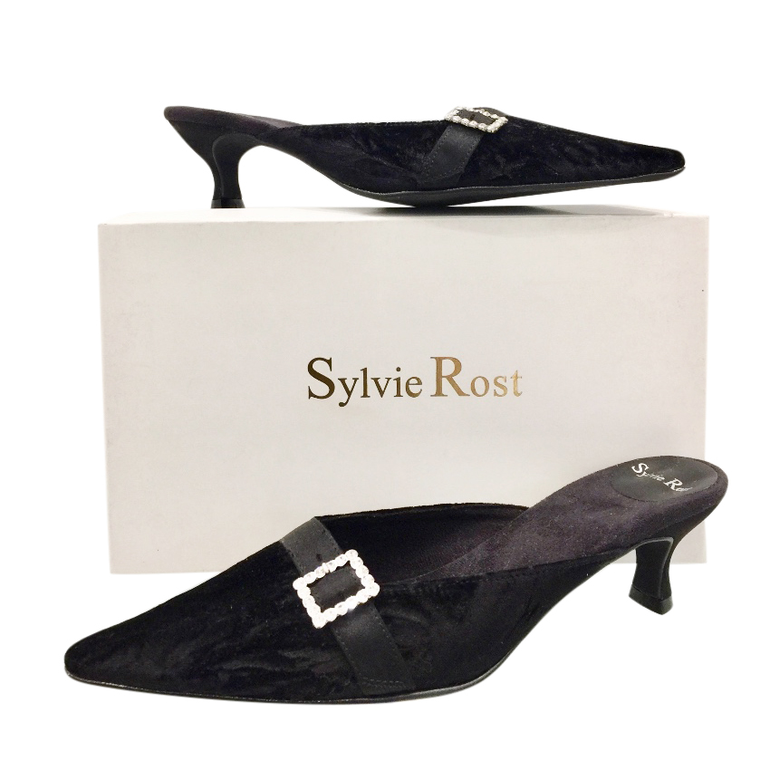 Sylvie Rost Black Crushed Velour Evening Slippers Size 38 french crushed velour/satin