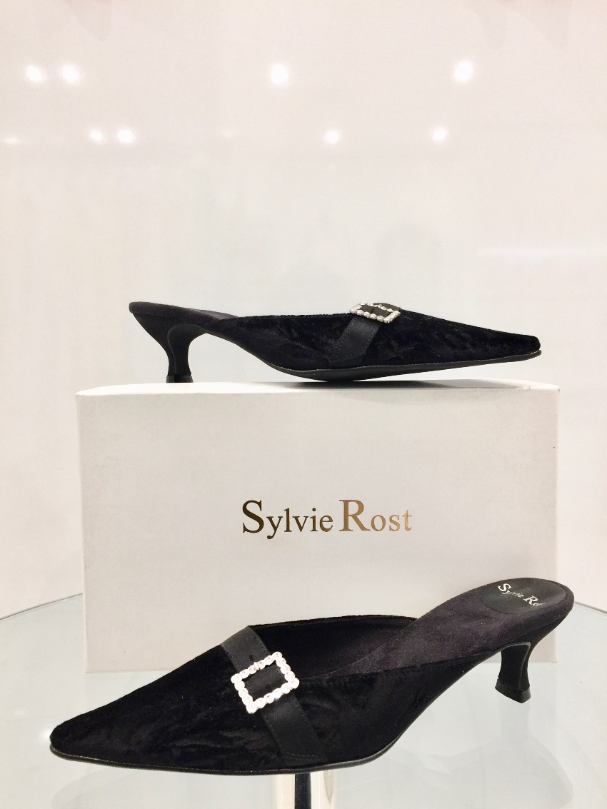 Sylvie Rost Black Crushed Velour Evening Slippers Size 38 french crushed velour/satin