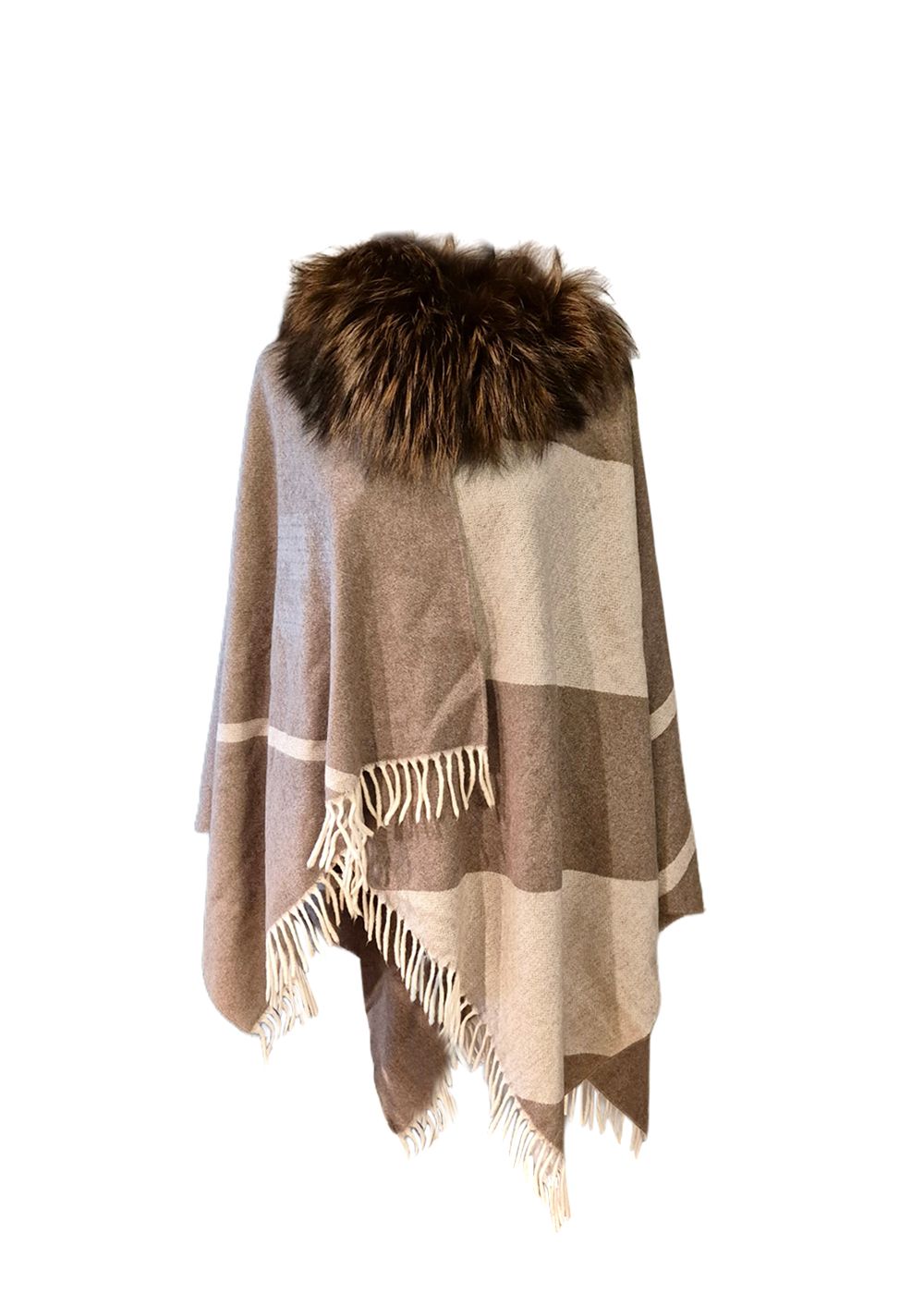 Preowned Fendi Cashmere Blend Poncho with Fur Detail Brown