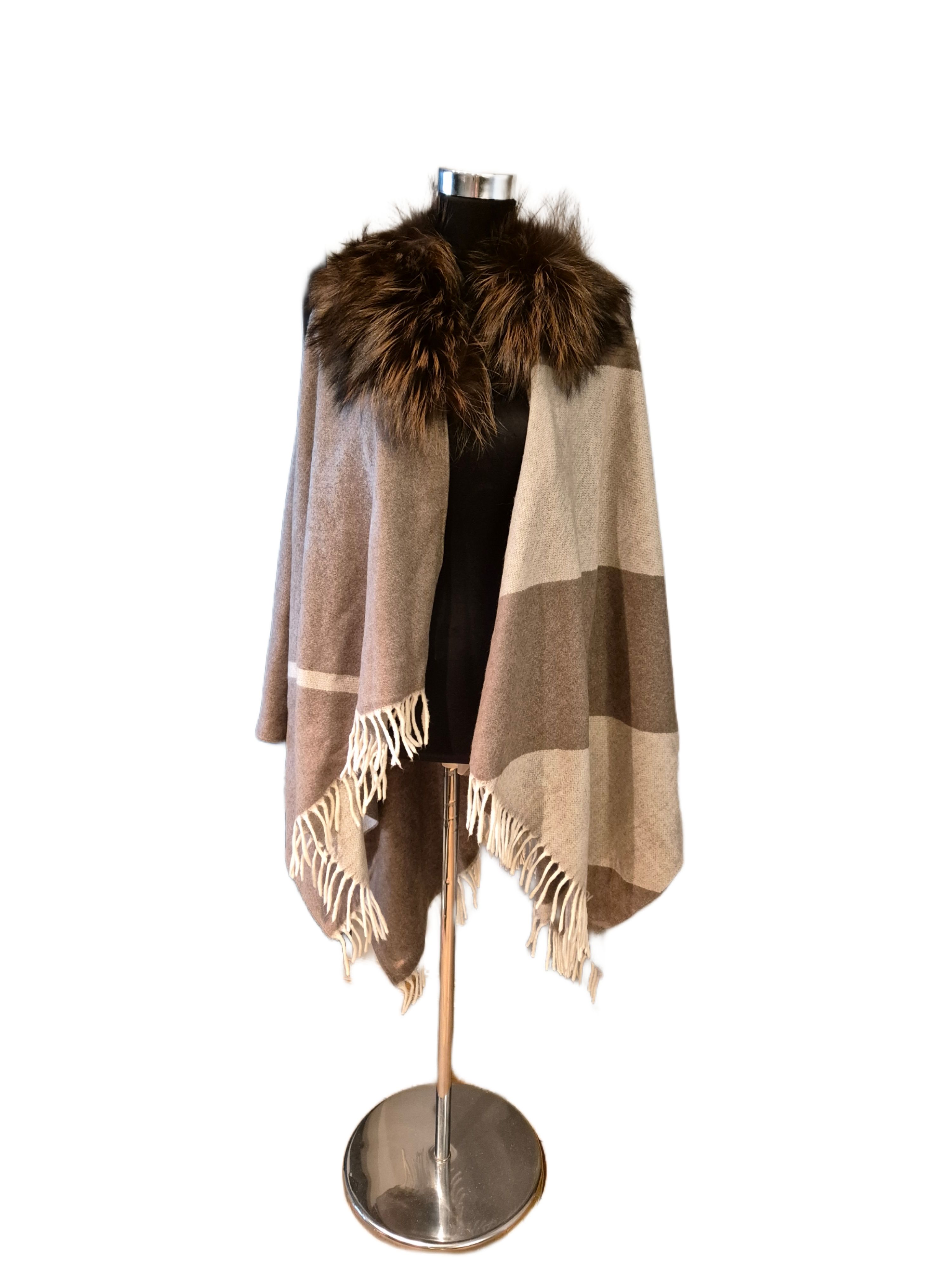 Preowned Fendi Cashmere Blend Poncho with Fur Detail Brown