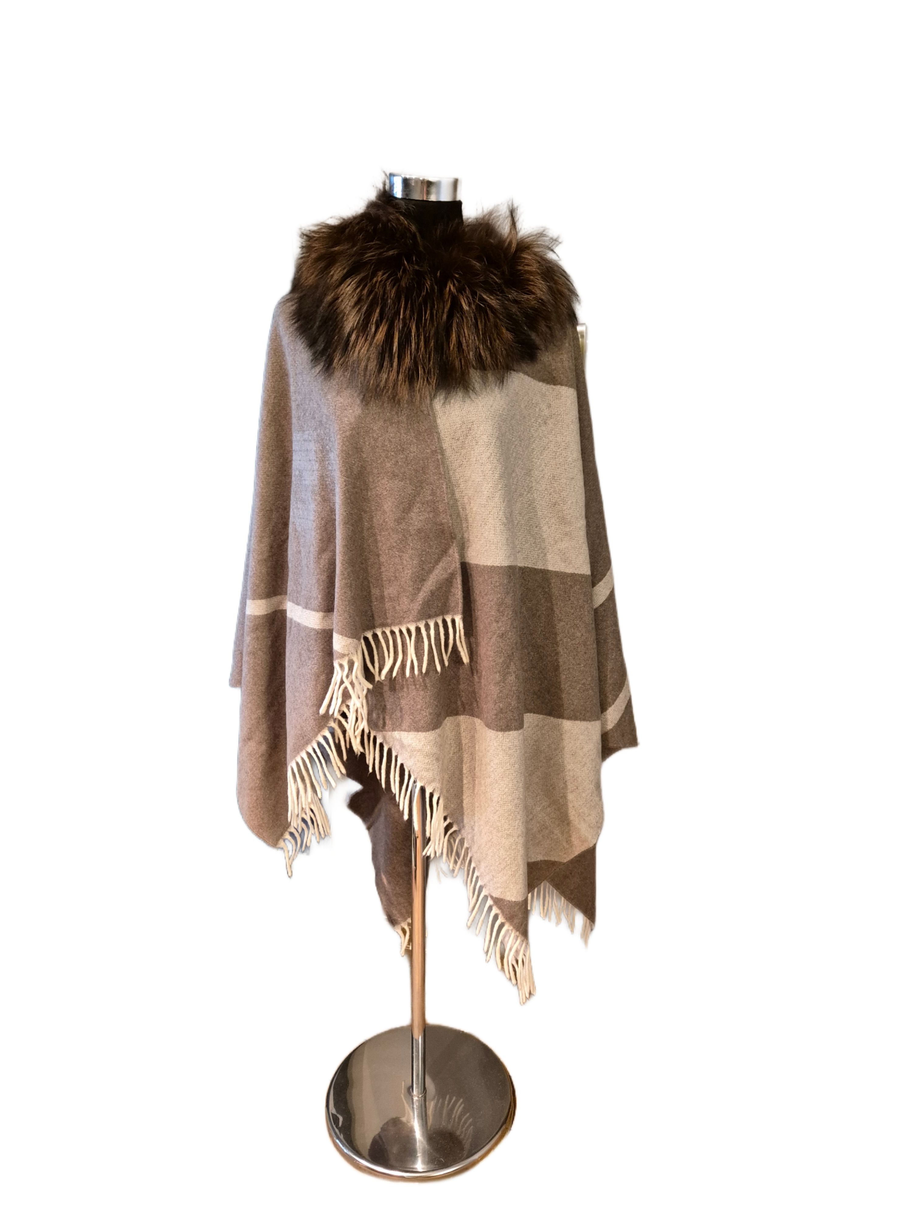 Preowned Fendi Cashmere Blend Poncho with Fur Detail Brown