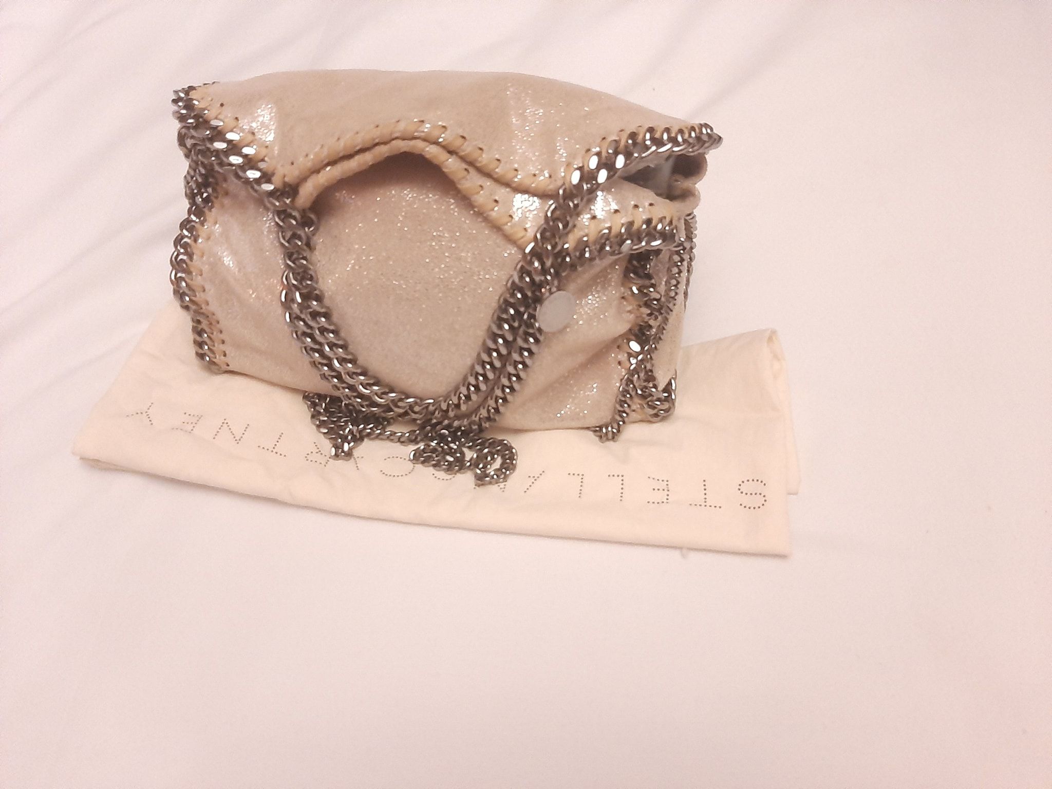 Preowned Stella McCartney Silver metallic Shaggy Deer Falabella mini tote bag Size S gold leather