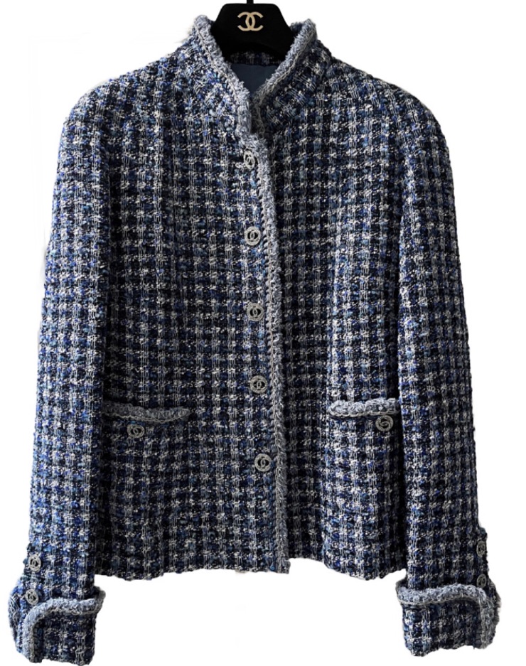 Chanel Blue braided trim high neck tweed jacket Size L