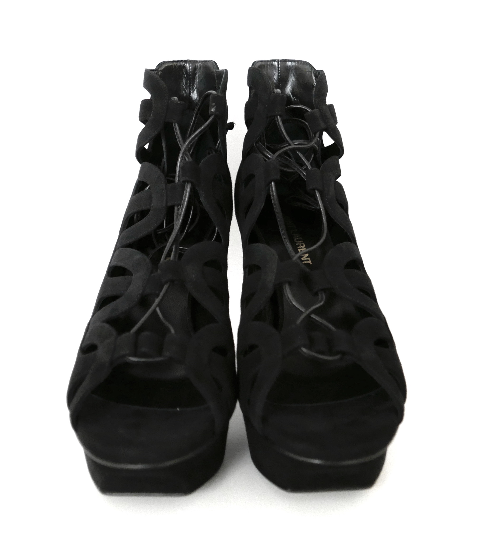 Saint Laurent Suede Lace-Up Caged Sandals Size 375 Black