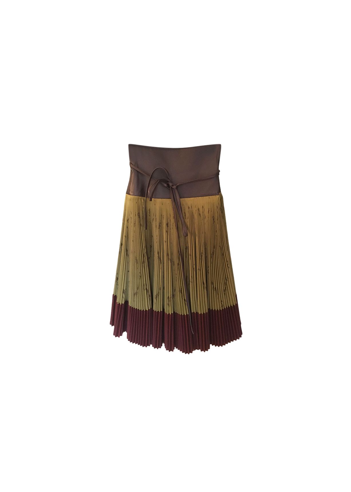 Preowned Hermes Plisse Silk  Leather Midi Skirt Size S green and burgundy