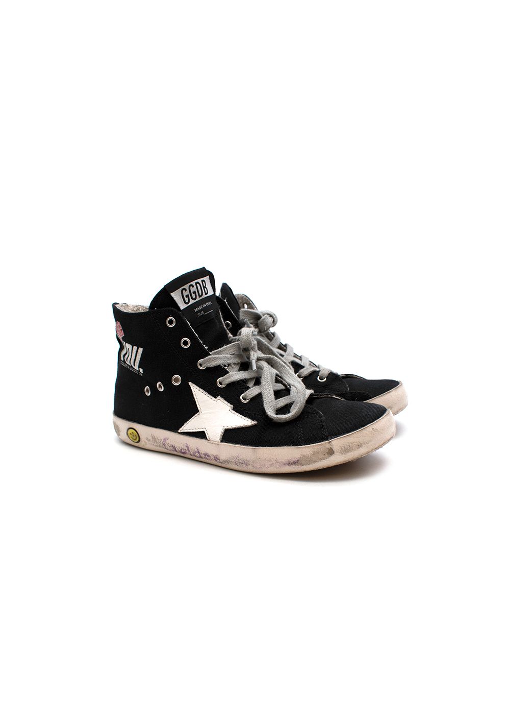 Boys Preowned Golden Goose Black Canvas Trainers with White Star Embroidery Size 10 Years +