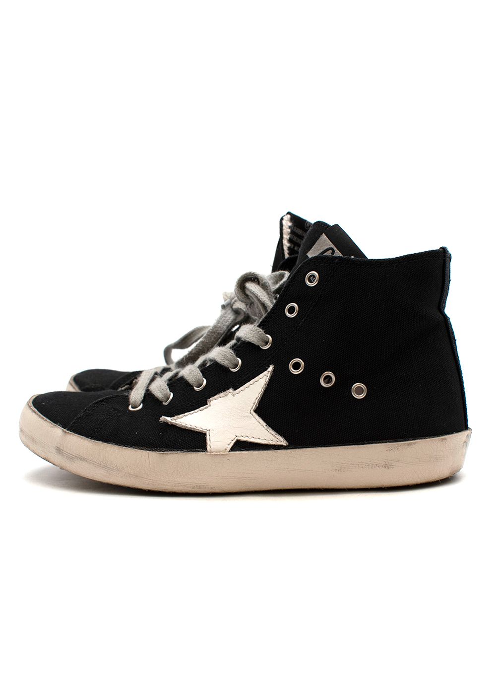 Boys Preowned Golden Goose Black Canvas Trainers with White Star Embroidery Size 10 Years +