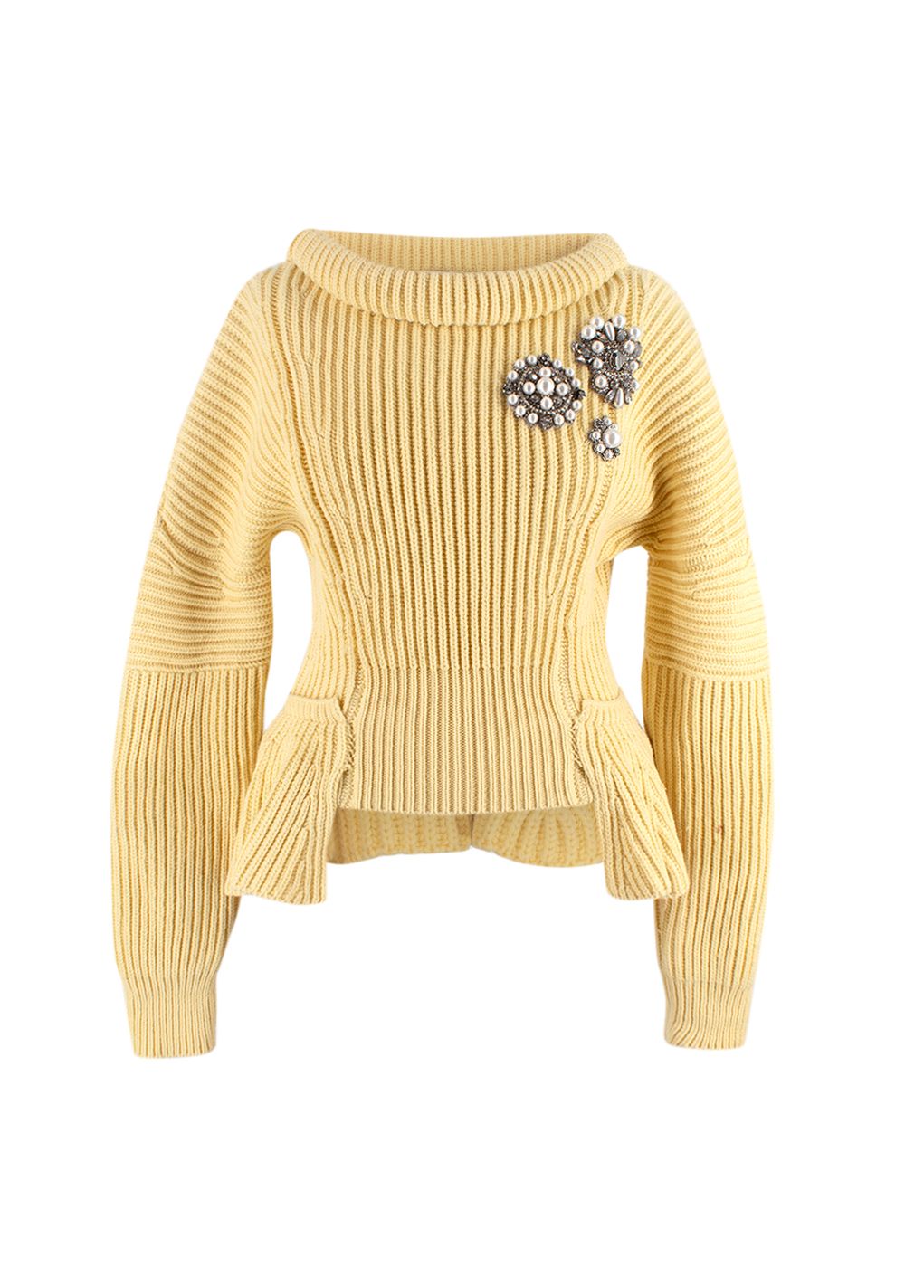 Preowned Alexander McQueen Yellow Knit Brooch Detail Peplum Jumper Size S wool