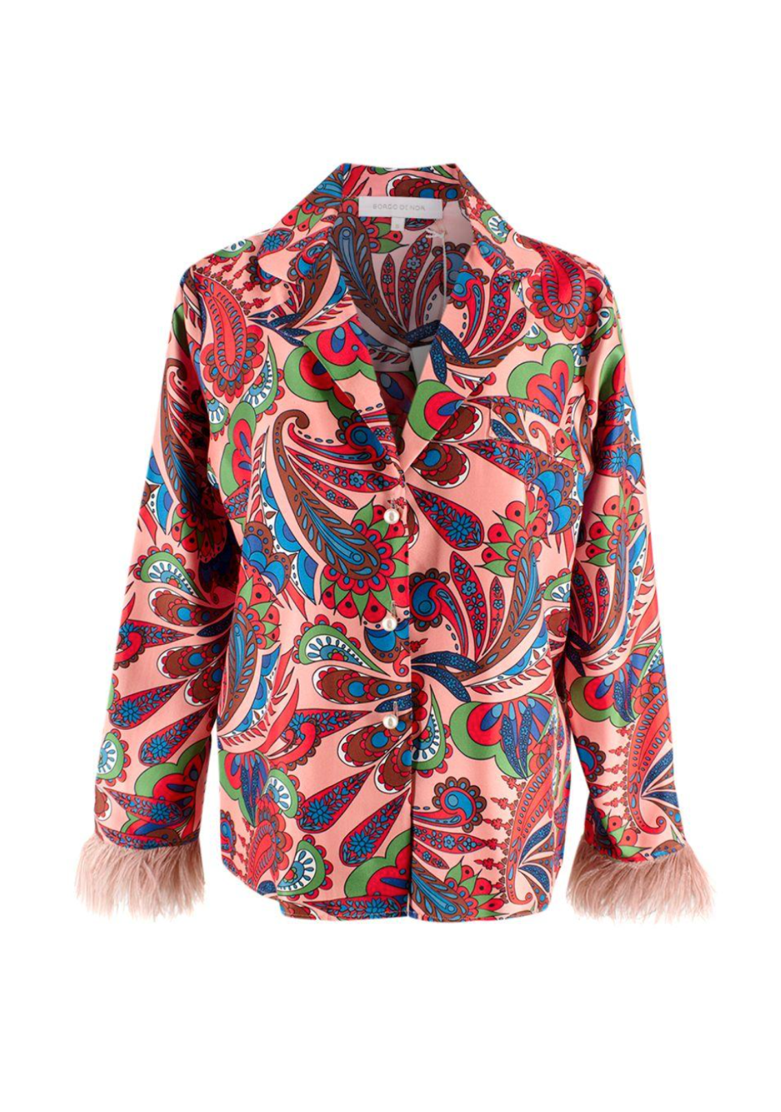 Borgo De Nor Pink Paisley Eden Blouse with Feather Trim Detail Size XXS pink multicolor silk/ostrich feathers