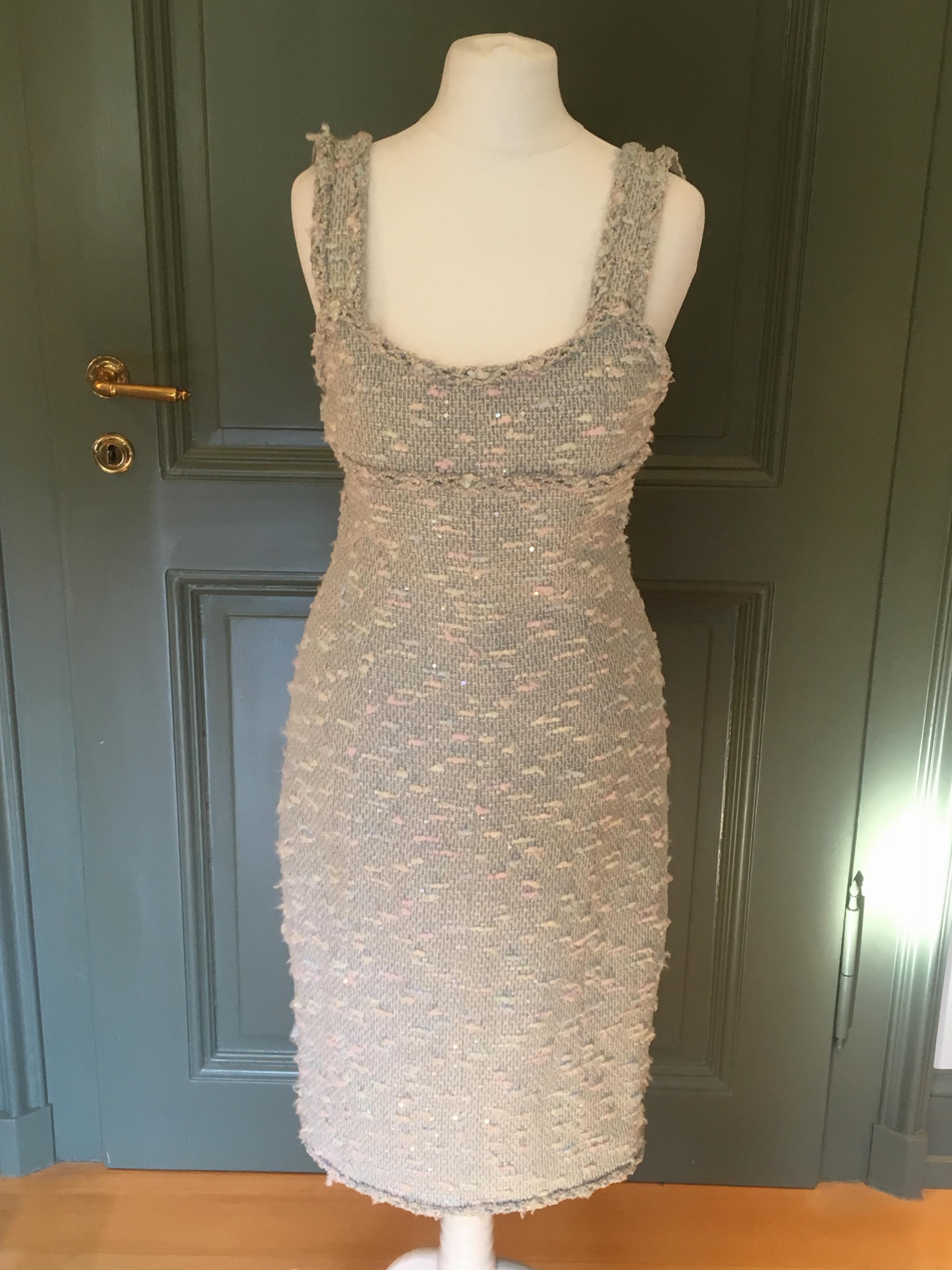 Preowned Chanel Tweed Fitted Sleeveless Dress Size XS Green