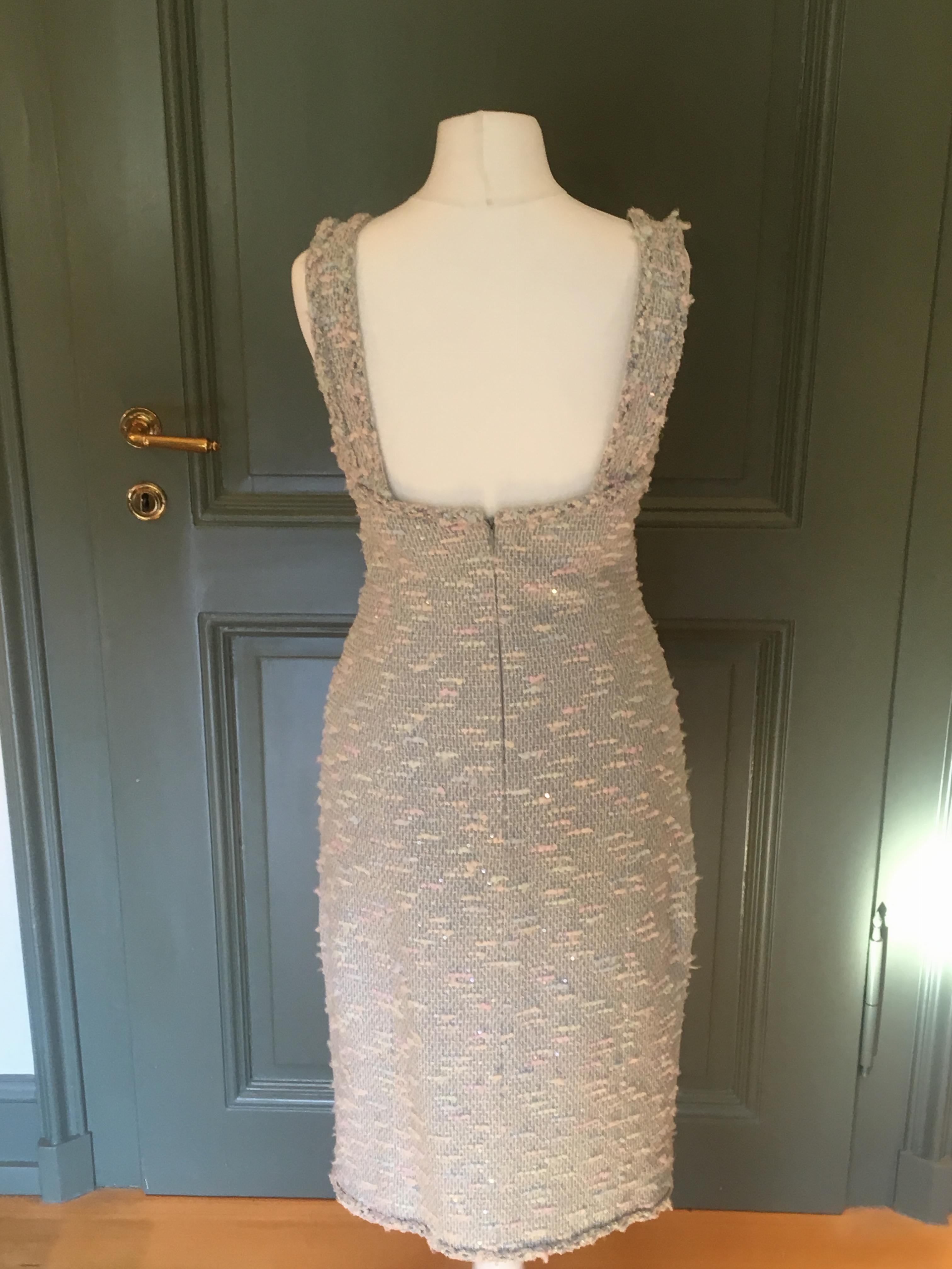 Preowned Chanel Tweed Fitted Sleeveless Dress Size XS Green