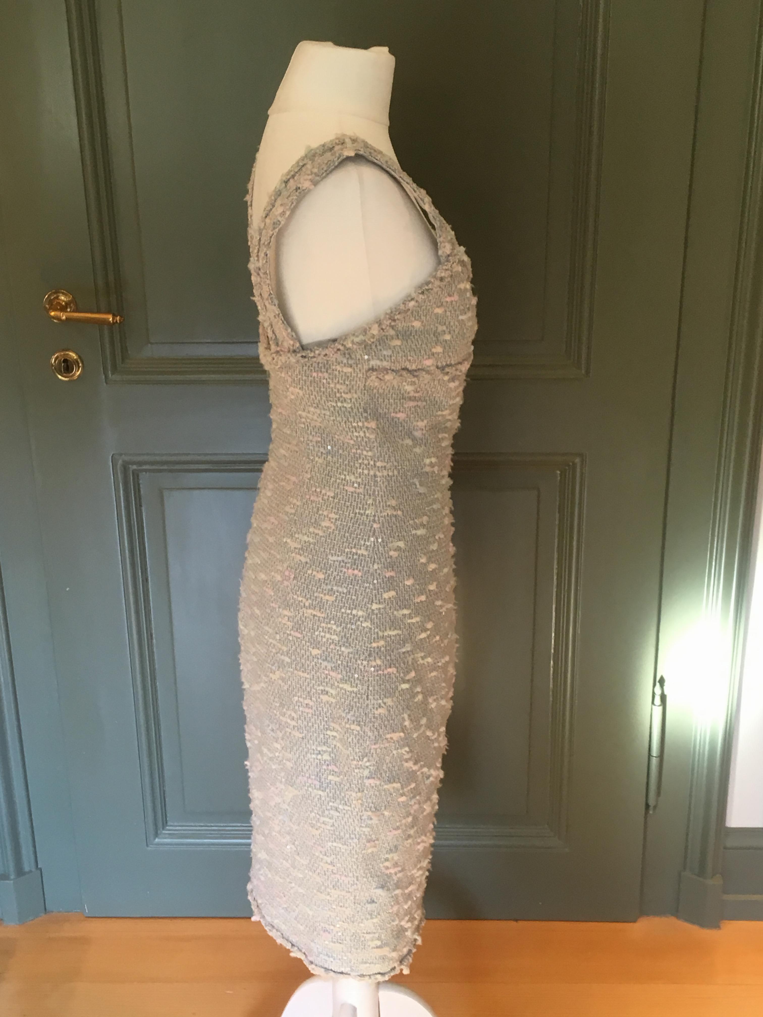 Preowned Chanel Tweed Fitted Sleeveless Dress Size XS Green