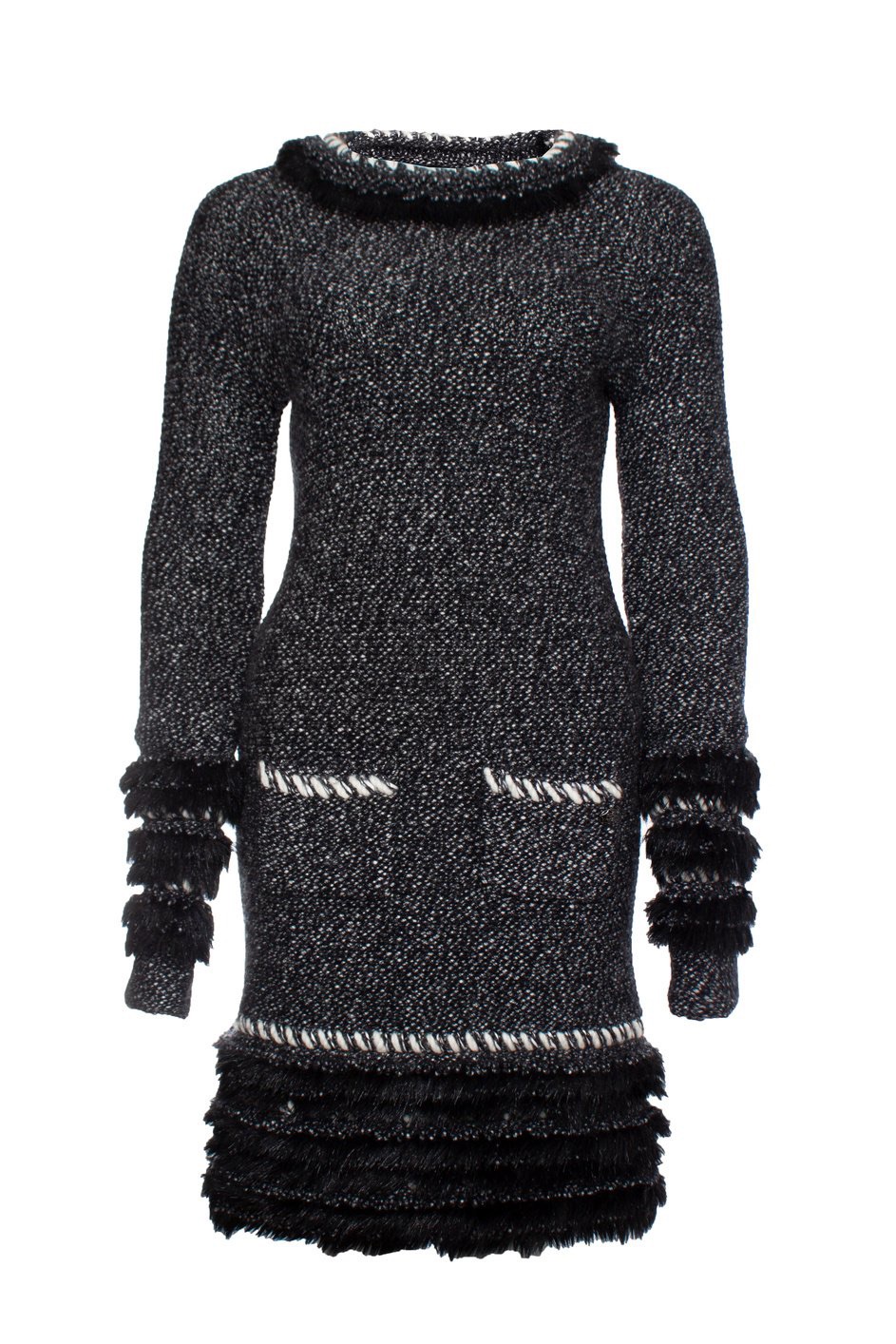 Chanel Black Knitted Dress with Faux Fur Hem Detail Size M cashmere