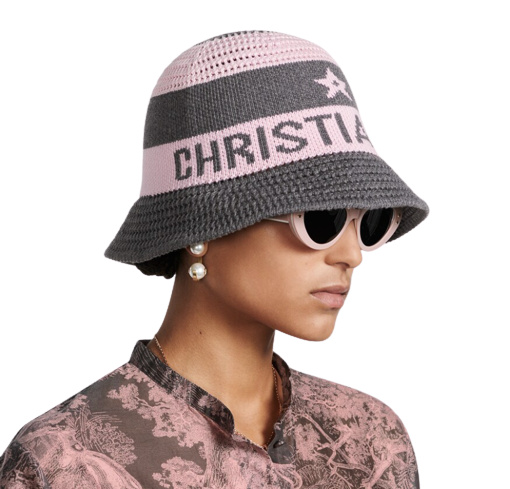 Dior D-Tulipe Cloche Pink and Grey Knit Bucket Hat Size S light pink grey cotton