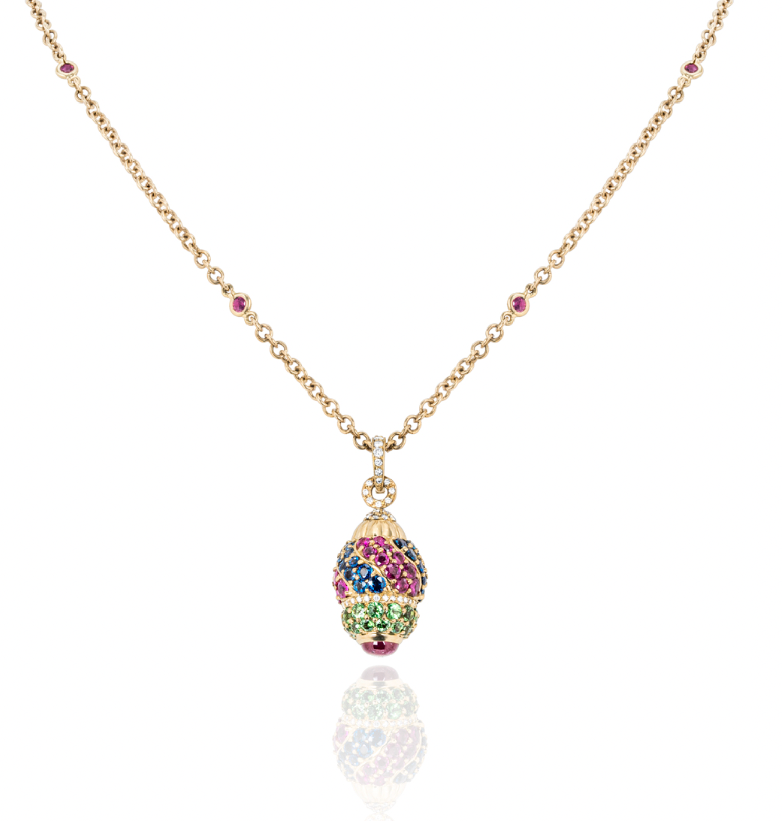 18ct yellow gold diamond sapphire ruby  peridot egg pendant necklace