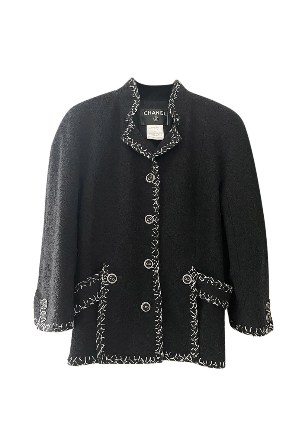 Preowned Chanel Black Single Breasted Tweed Jacket with Contrast Trim Size M cotton tweed