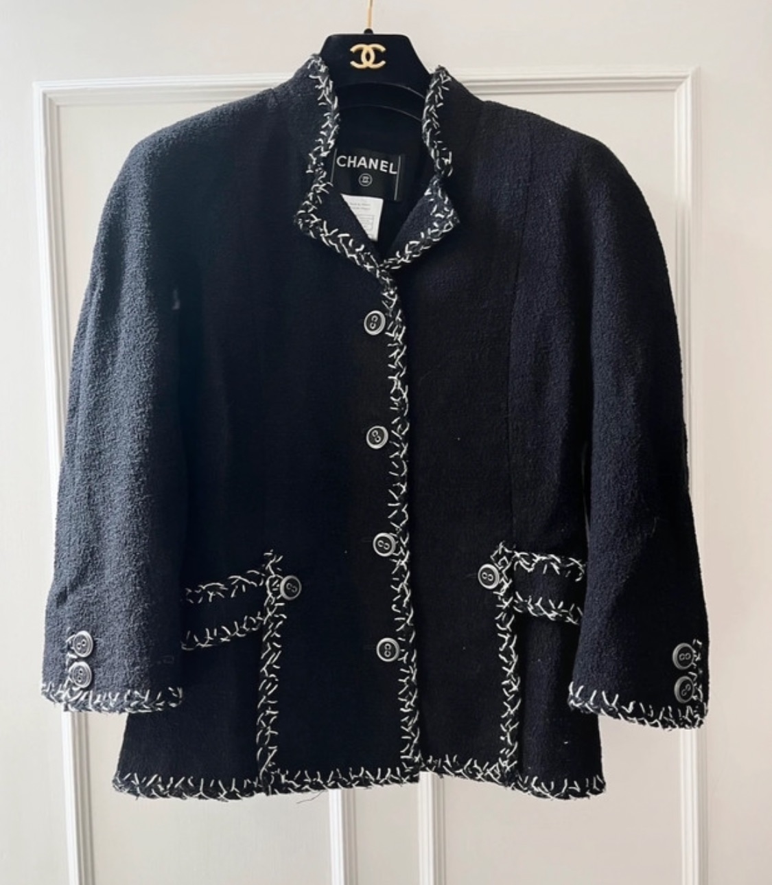 Preowned Chanel Black Single Breasted Tweed Jacket with Contrast Trim Size M cotton tweed