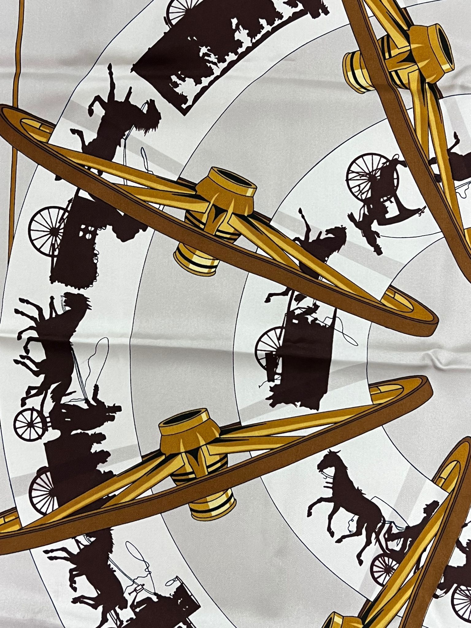 Preowned Hermes Cream Horse and Kart Print Silk Scarf White brown gold cream