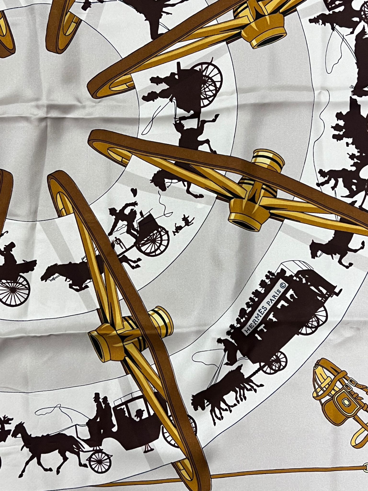 Preowned Hermes Cream Horse and Kart Print Silk Scarf White brown gold cream