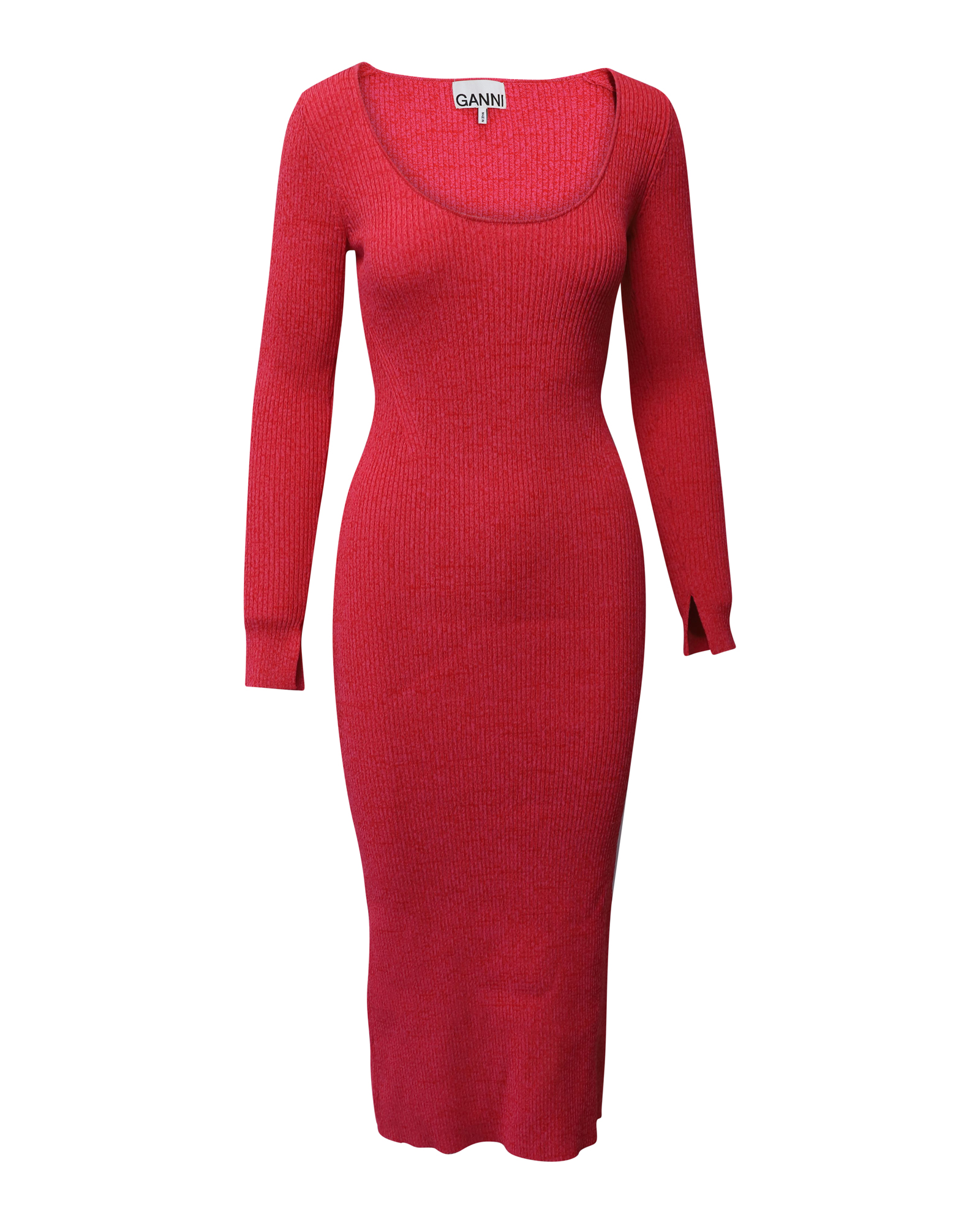 Ganni High Risk Red Ribbed Knit Long Sleeve Midi Dress Size M