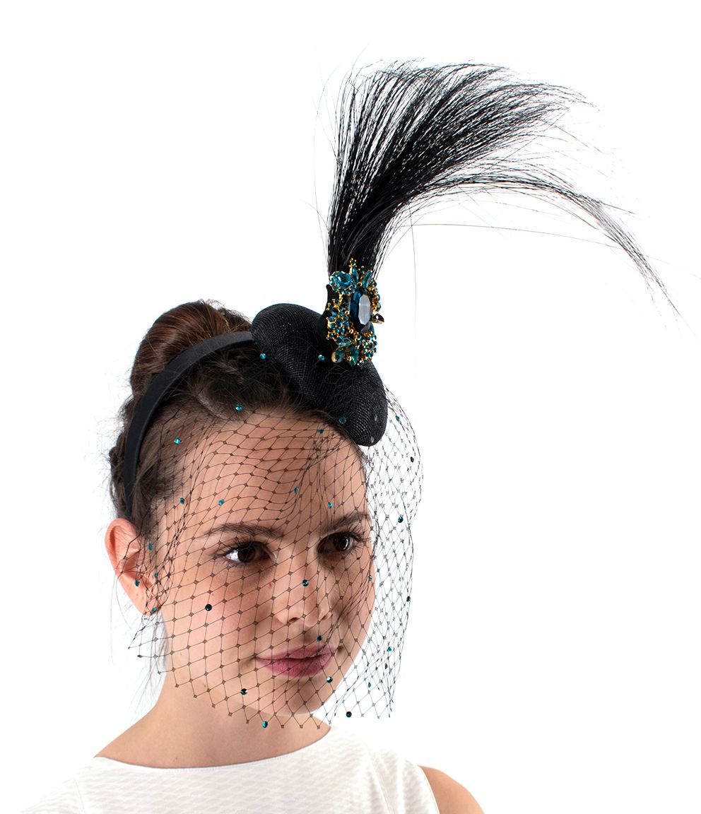 Preowned Victoria Grant Black  Peacock Blue Crystal Embellished Mini Disc Fascinator with Veil twill mesh