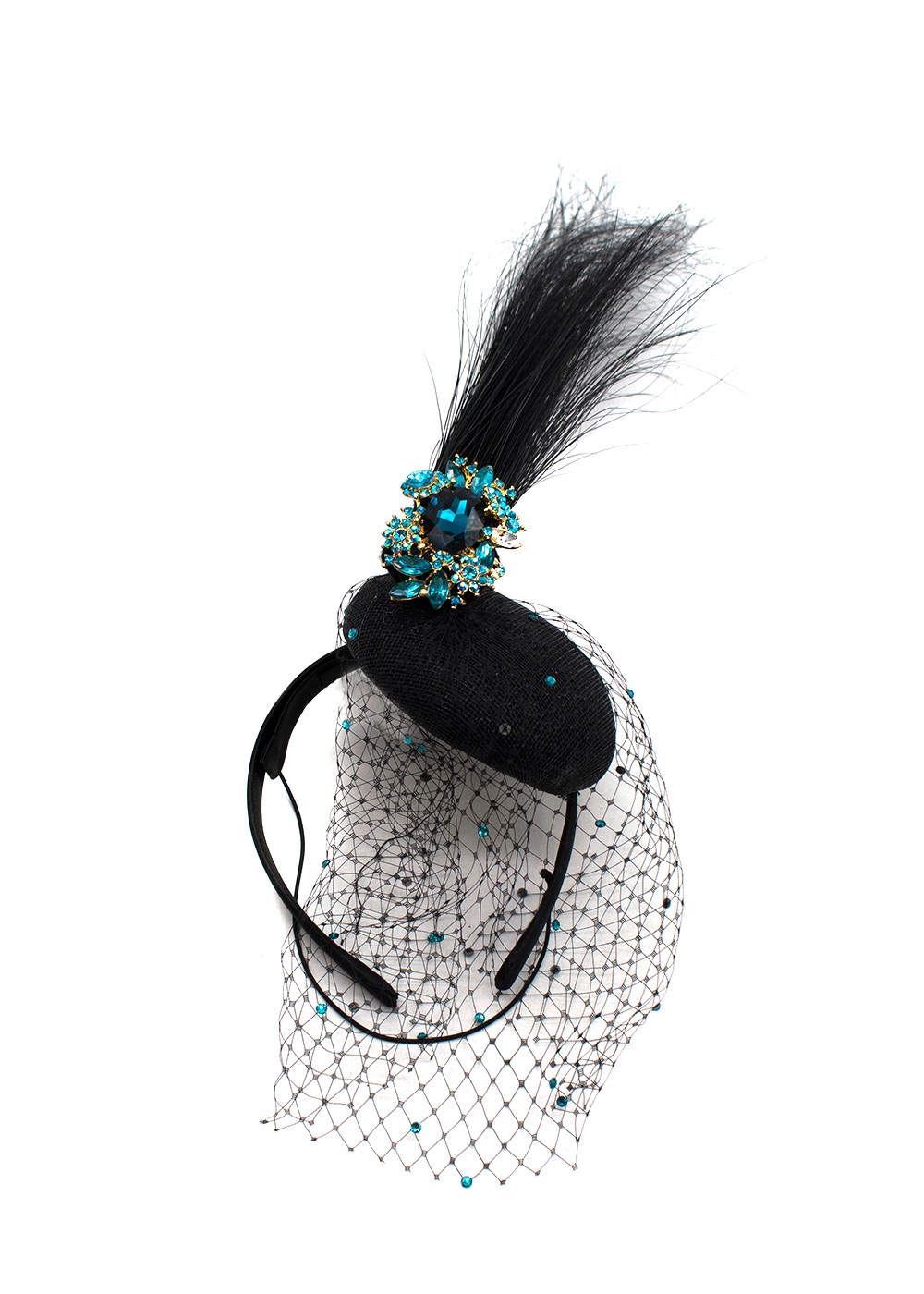 Preowned Victoria Grant Black  Peacock Blue Crystal Embellished Mini Disc Fascinator with Veil twill mesh