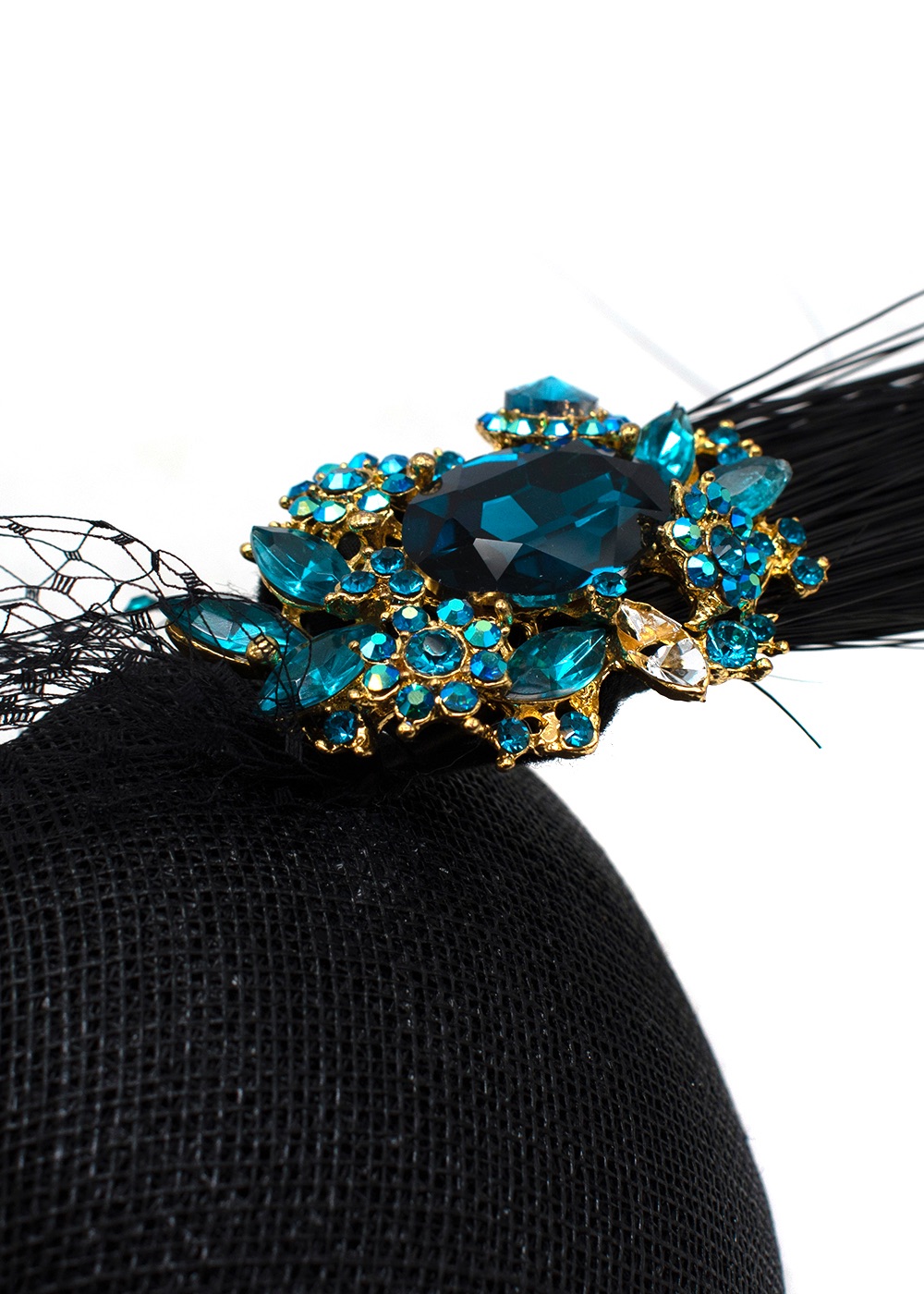 Preowned Victoria Grant Black  Peacock Blue Crystal Embellished Mini Disc Fascinator with Veil twill mesh