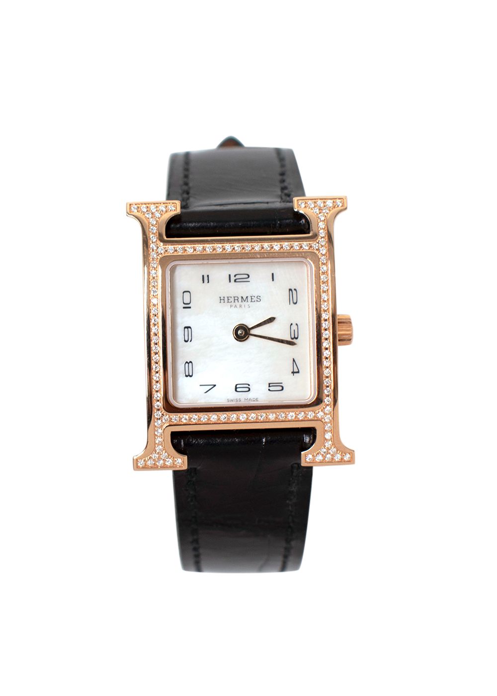 Hermes Black Alligator and Diamond Heure H Watch with Rose Gold Hardware black rose gold pink gold