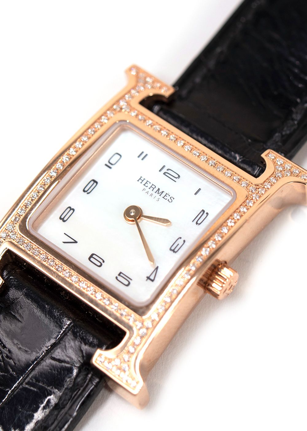 Hermes Black Alligator and Diamond Heure H Watch with Rose Gold Hardware black rose gold pink gold