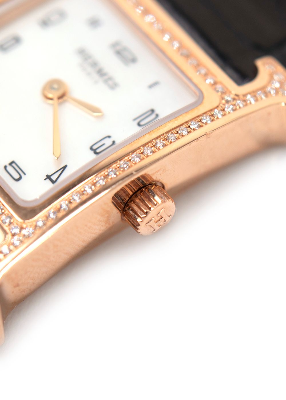 Hermes Black Alligator and Diamond Heure H Watch with Rose Gold Hardware black rose gold pink gold