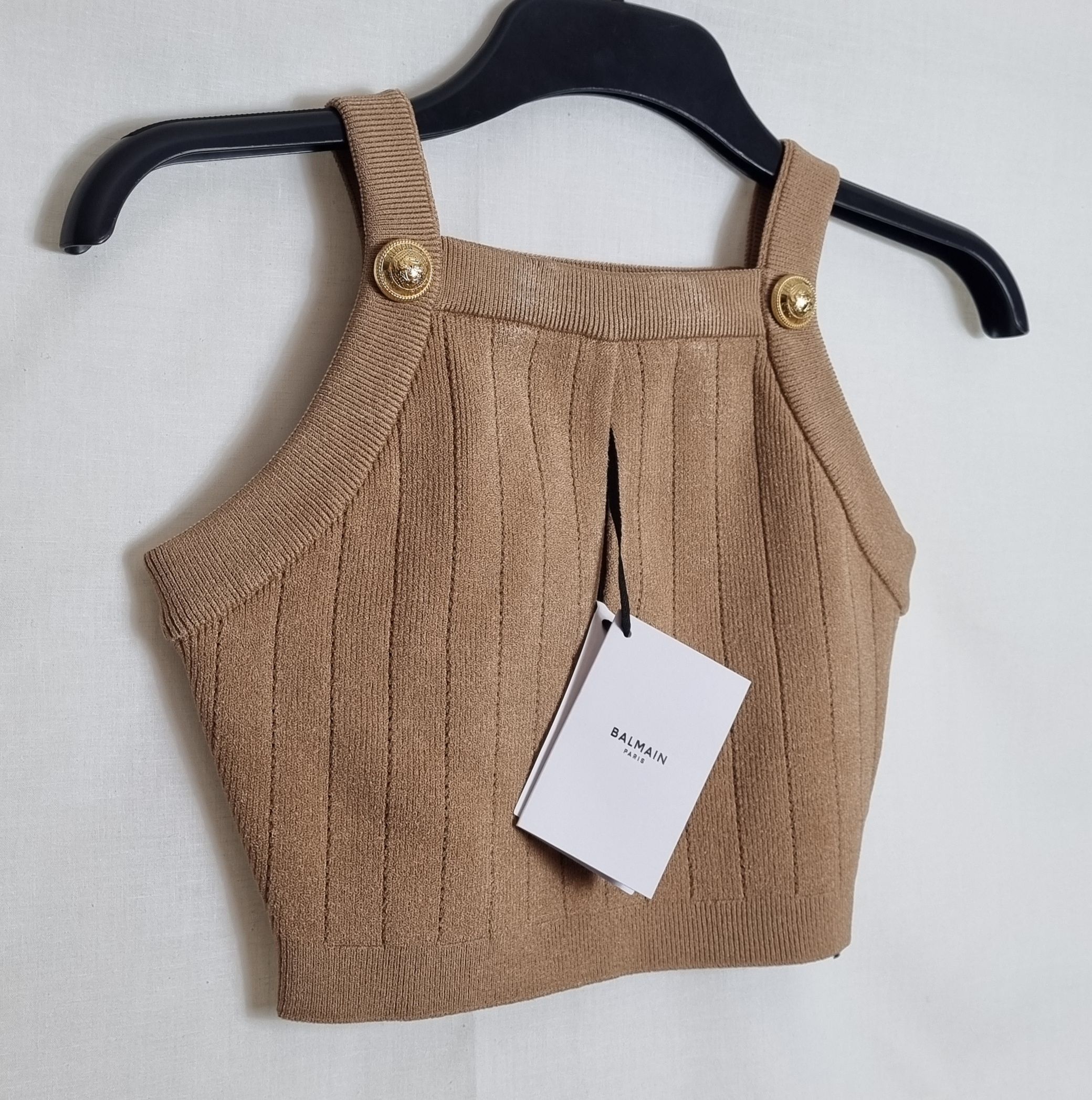 Balmain Camel Stretch-Knit Square Neck Crop Top Size M SABLE 0AN polyester